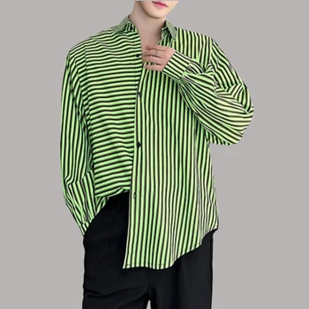 2023 Осенняя мужская рубашка Асимметричная полосатая блузка с длинным рукавом с лацканом Корейская мода Личность Свободная повседневная Hombre Camisas