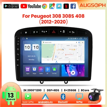 Android 13 Автомагнитола для Peugeot 308 308S 408, 2012-2020 9-дюймовый мультимедийный плеер 2K с 4G Carplay и 2Din GPS-навигацией