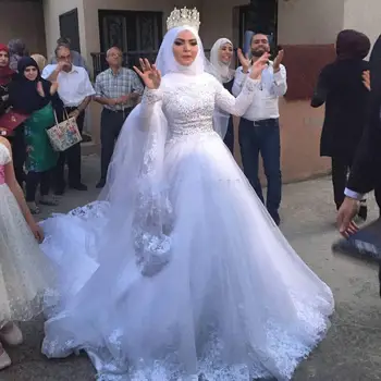 Мусульманский Скромный Высокий Воротник Полные Рукава Изготовленный На Заказ Пышный Тюль Бальное Платье Кружевное Свадебное Платье Арабский