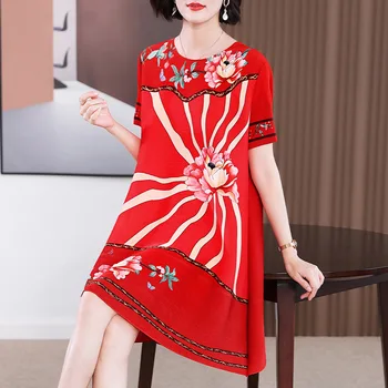 Летнее свободное платье Женщины 2023 Винтажный принт с круглым вырезом и короткими рукавами A-Line Miyake плиссированная одежда выше колен