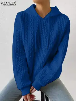 ZANZE 2023 Зимние женщины с длинным рукавом Кабель Текстурированный пуловер Ребристые толстовки Повседневные толстовки Мода Однотонный свитер с капюшоном