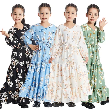 Платье для девочек среднего и крупного возраста с цветочными оборками и длинной юбкой до талии