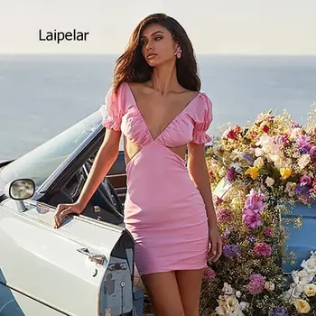 2021 Новый сексуальный розовый полый с открытой спиной французский стиль юбка с V-образным вырезом Твердая высокая талия Женское клубное платье для вечеринок