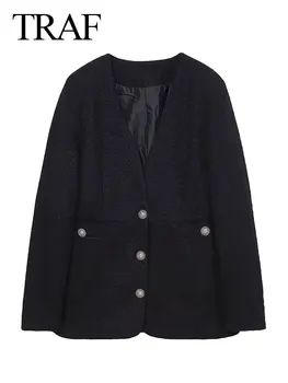 TRAF 2024 Весенние костюмные пальто для женщин Модный тренд Свободный однобортный кардиган Пальто Женская дикая уличная куртка