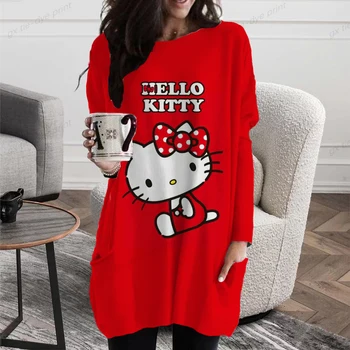 Женские футболки Осенние свободные Hello Kitty Футболка с длинным рукавом Женские карманные топы Ropa Mujer Camisetas Y2K