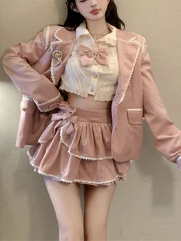 розовый элегантный набор из 3 предметов в стиле преппи женский бант в корейском стиле сладкая мини-юбка женское милое пальто + повседневный жилет + шикарная мини-юбка 2023