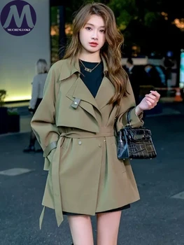 Женская ветровка 2023 Весна Осень Новый элегантный тренч с длинным рукавом средней длины Корейская мода Повседневный свободный женский тренч