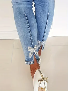 Синие узкие джинсы высокой растяжимости, джинсовые брюки из искусственного жемчуга Slim Fit Split Denim, женские джинсы и одежда
