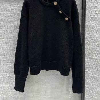 Женские черные шерстяные вязаные топы с круглым вырезом 23 зимние золотые пуговицы причинно-следственный базовый свитер пуловеры Y2K Женская одежда высокого класса