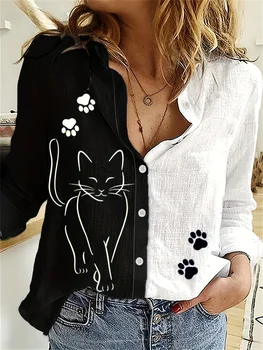 Женская рубашка Мода Clashing Color Рубашка в стиле пэчворк Топ Temperament Sense Кошачья рубашка с длинным рукавом 2023 Autumn Brand Design Shirt