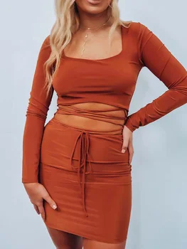 2023 осень зима крест-накрест кулиска облегающее платье оранжевый облегающий женский сексуальный вечеринок сплошной цвет очаровательный Y2K Уютные наряды
