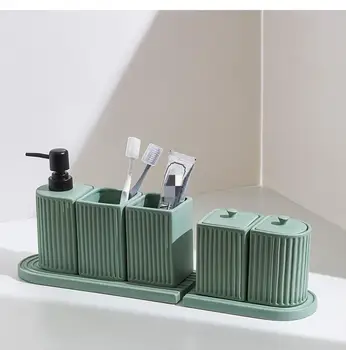  Набор аксессуаров для ванной комнаты Зеленая полосатая керамика Держатель для зубных щеток Контейнер для мыла Поднос для хранения чашек для ванной комнаты Коробка для ватных тампонов