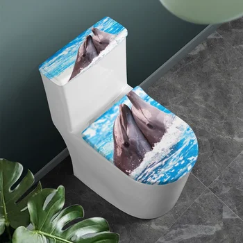  Симпатичный дельфин 3D-печатный чехол для крышки унитаза Набор крышек, мягкие чехлы для ванной комнаты, универсальные для продолговатых круглых удлиненных крышек ванных комнат