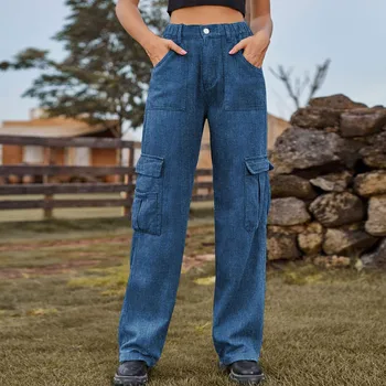 Женские брюки Винтажные эластичные джинсы с высокой талией для женщин Персонализированные карманные джинсовые брюки-карго Повседневные свободные женские брюки