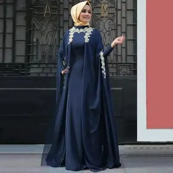 Скромные мусульманские вечерние платья в хиджабе для женщин 2024 Кружево с высоким воротником и длинными рукавами Кружево Арабское вечернее платье в Дубае Темно-синий цвет