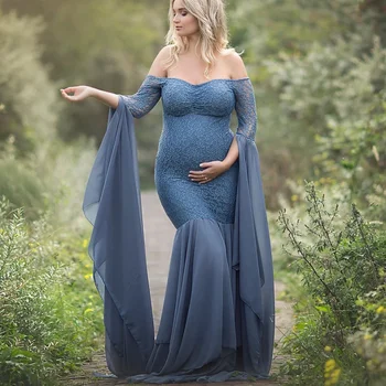 Мода Длинные рукава Платье для беременных Фотография Реквизит Макси Платье для беременных Кружева Сшивание Причудливые Женщины Материнство Фотосессия