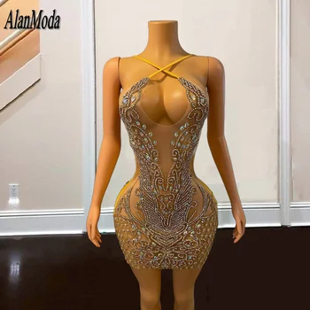 Vestidos De Gala 2023 Видеть сквозь горный хрусталь Короткие выпускные платья С открытой спиной Бриллиантовый наряд на день рождения для черных женщин Мини-платье для вечеринки