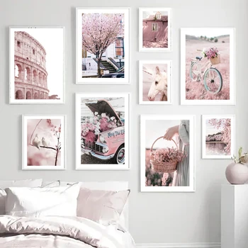 Скандинавская живопись и гравюры на холсте, Парижская башня, Розовая роза, автомобиль, велосипед, Настенное искусство единорога, Картины для декора гостиной