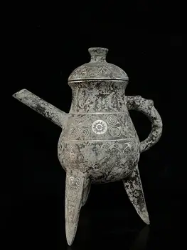 украшение старый китайский hanDyansty(25-186)бронзовая статуя чайника,бронза инкрустированная серебром,бесплатная доставка