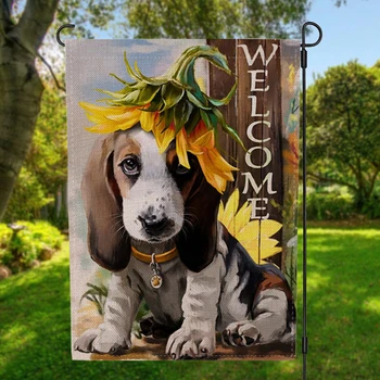 Двухсторонний щенок подсолнуха Собака Садовый флаг Баннер Домашний декор Ветрозащитный резиновый стопор Зажим 12,5 ''x18,5 '' 32x47 см