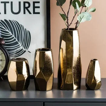 Североевропейские светлые роскошные золотые геометрические вазы неправильной формы, европейские и американские гальванические керамические сухие цветочные украшения