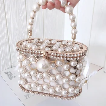 Женская сумка Французская новая мода Металлическое ведро Hollow Out Pearl Lady Solid Сумки Корейские Ladylike Girls Сумка высокого качества