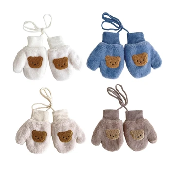 Детские варежки Противоскользящие зимние теплые перчатки Мультяшный медведь Толстая варежка с веревкой