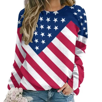 Патриотические толстовки с американским флагом Зимние звезды и полосы Принт Классическая толстовка с капюшоном оверсайз Женщины с длинным рукавом Ретро Дизайн Повседневный топ