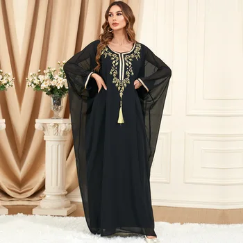 Ближний Восток Женщины Платье Новое Черное Вышитое Большой Размер Лето С Длинным Рукавом Летучая Рубашка Мусульманская Мода Свободные Халаты