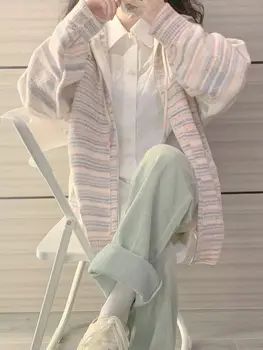 Удобный ~ полосатый свитер Женский 2023 осень / зима новый дизайн Ощущение маленького и ленивого вязаного кардигана Пальто