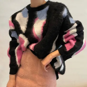корейский шик осенне-зимние пуловеры с принтом высококачественные свободные теплые контрастные свитера Morhair Винтажные трикотажные топы для женщин