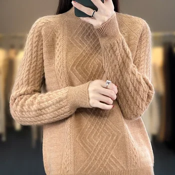 Женский свитер из чистой шерсти с половинным воротником Удобный и элегантный однотонный трикотажный новый женский свитер-пуловер