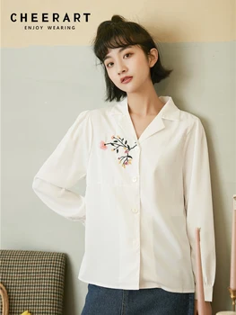 CHEERART Вышивка Цветочная белая рубашка на пуговицах с лацканами и лацканами для женщин Топ с длинным рукавом и блузка Корейская мода Весенняя одежда 2023