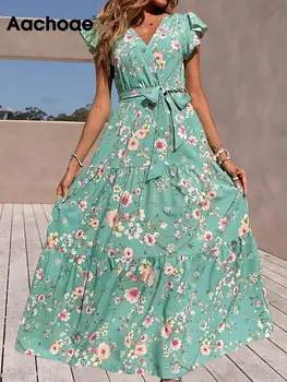Aachoae Повседневное платье с коротким рукавом с V-образным вырезом и поясами Женское модное платье A Line Женские летние длинные макси-платья с цветочным принтом