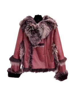 Куртка из овечьей шерсти лацкан свободный крой сращивание дизайн теплый и удобный 2024 зима новинка 0105