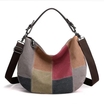  Новая ретро сращенная сумка 2021 Модная сумка через плечо на одно плечо Женская женская сумка большой емкости из холста контрастного цвета