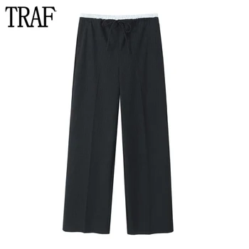 TRAF полосатые мешковатые брюки женские черные брюки со средней посадкой для женщин контрастные плиссированные женские брюки осень прямые брюки женские