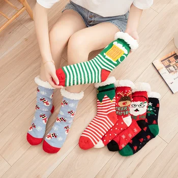 Зимние рождественские напольные носки с очень толстыми мужскими и женскими тапочками из ночной овчины для взрослых