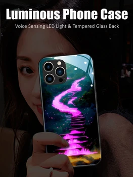 Night Wave Colorful Led Light Glow Luminous Tempered Glass Чехол для телефона Samsung S21 S22 S23 Note 10 20 A14 A54 A73 Plus Ultra