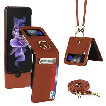 Чехол для телефона с ремешком через плечо для Samsung Galaxy Z Flip 4 3 Flip4 Flip3 5G Кожаный чехол с кольцом Подставка Держатель карты