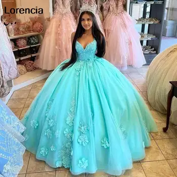 Лоренция Принцесса Мята Quinceanera Платье Бальное платье V-образным вырезом 3D Цветок 15-е платье для вечеринок Бисероплетение Сладкий 16 Vestidos De 15 Años YQD623