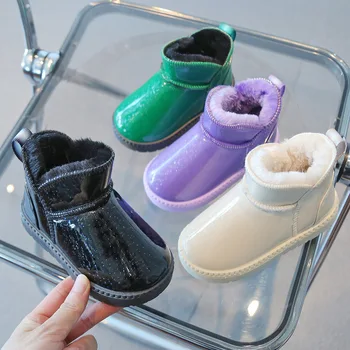 Новая зимняя детская обувь Чистый цвет Водонепроницаемые прозрачные ботильоны Пушистые зимние сапоги из искусственной кожи Нескользящие короткие ботинки для мальчиков и девочек F08222