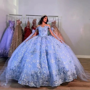 Принцесса Синий Quinceanera Платье 2024 Бальное платье Кружева Аппликация Пайетки Бисерный бант Sweet 16 Vestidos De XV Anos
