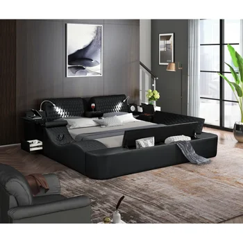 Многофункциональная кровать King Size Кровать Дерево Черная кровать ультраурбанистический дизайн Умная кровать с ящиком для хранения
