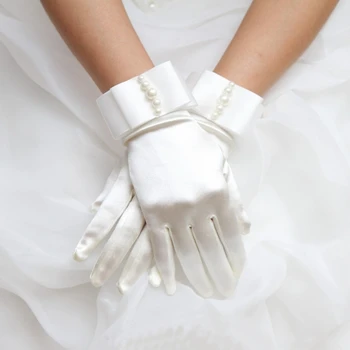 Короткие полные пальцы из искусственного жемчуга, украшенные бисером, женские свадебные перчатки с бантом и атласом
