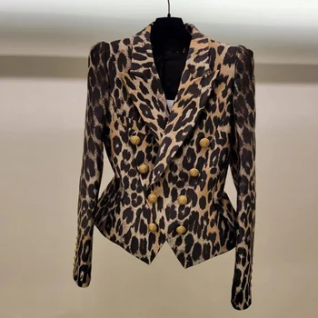 Куртка с леопардовым принтом Женские высококачественные французские роскошные двубортные облегающие короткие пиджаки Женские элегантные пальто Q888