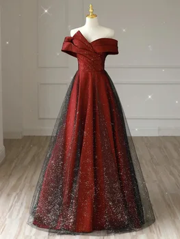 Роскошное свадебное платье с открытыми плечами для женщин Вино Красное Без бретелек A-Line Длинное выпускное платье Леди Тонкие вечерние платья