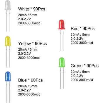 450 шт. Ассортиментный комплект светодиодов 5 цветов x 90 шт. 5 мм светодиодный круглый светодиод в ассортименте для научного проекта