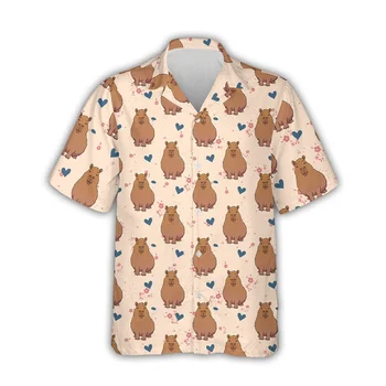 Kawaii Capybara Графический принт Летние мужские рубашки Повседневные оверсайз с коротким рукавом Модные однобортные блузки Мужская одежда