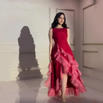 Aleeshuo Современное атласное платье для выпускного вечера русалки без рукавов Вечернее платье с о-образным вырезом Элегантное красное платье для вечеринок с оборками и высоким разрезом, плиссированное платье 2024